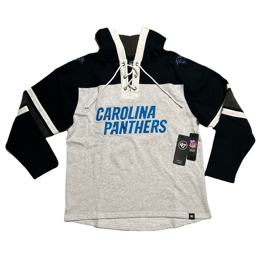 '47 Carolina Panthers Gridiron Lace-Up Pullover Hoodie Relay Grey Sz 2XL NWT